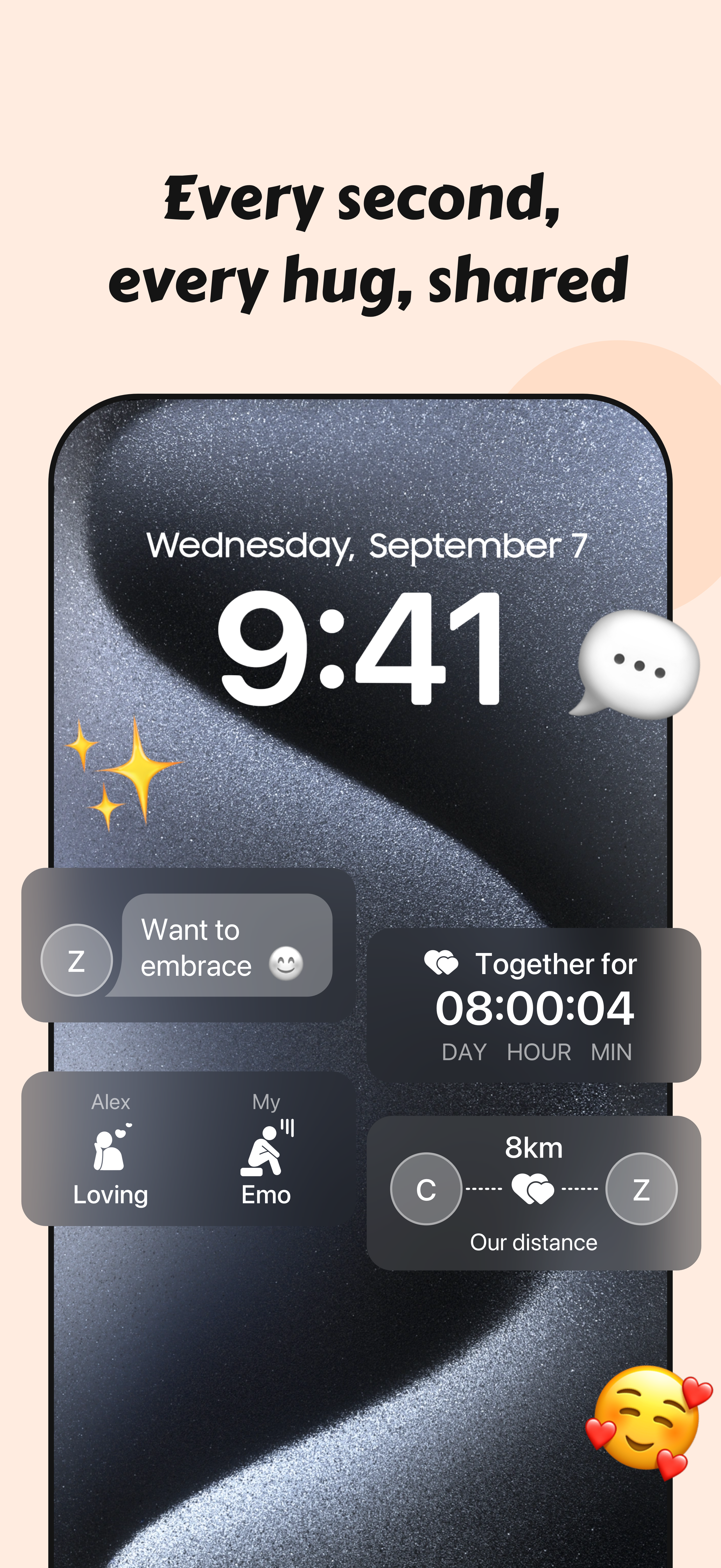 Couple360 lock screen widget showing time display with hug request feature and relationship timer
